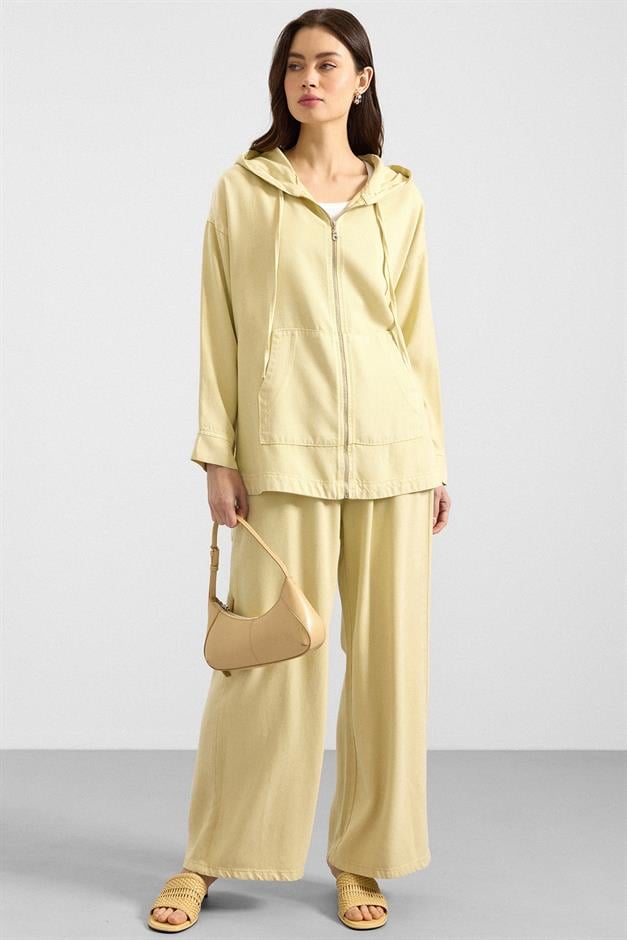 Fermuar Kapamalı Kapüşonlu Soft Denim Ceket Pantolon İkili Takım SARI 9402-TK