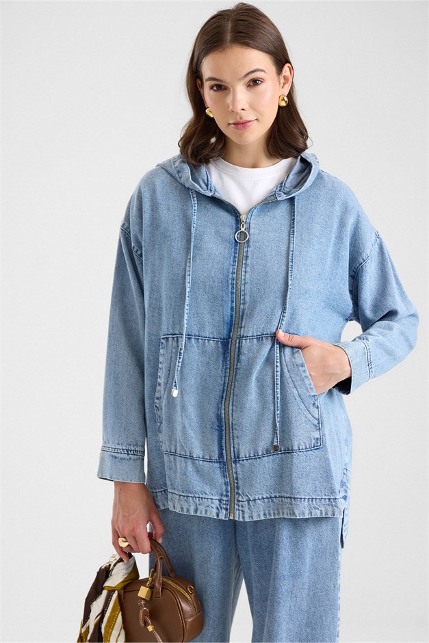 Fermuar Kapamalı Kapüşonlu Soft Denim Ceket Pantolon İkili Takım AÇIK MAVİ 9402-TK