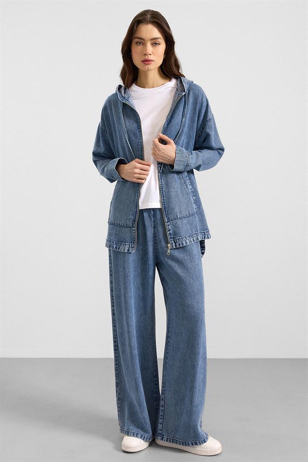 Fermuar Kapamalı Kapüşonlu Soft Denim Ceket Pantolon İkili Takım MAVİ 9402-TK