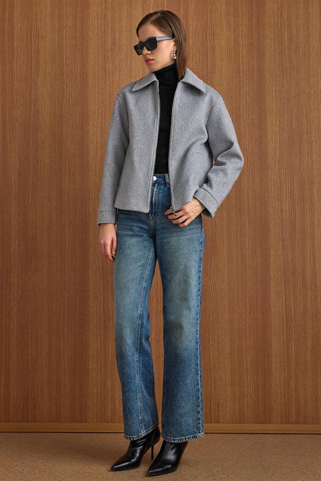 Fermuar Kapamalı Oversize Kısa Kaban AÇIK GRİ 3157