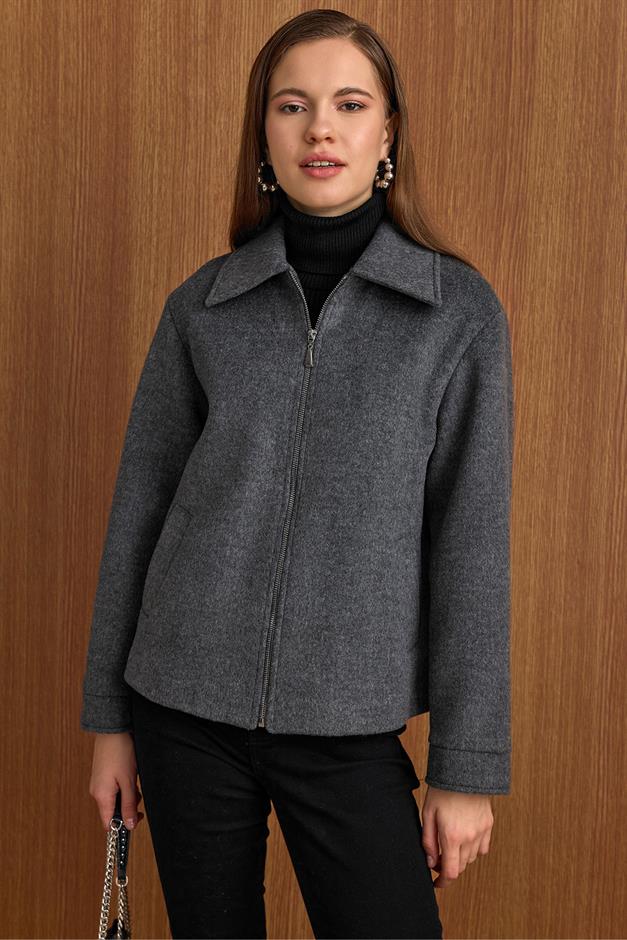 Fermuar Kapamalı Oversize Kısa Kaban KOYU GRİ 3157