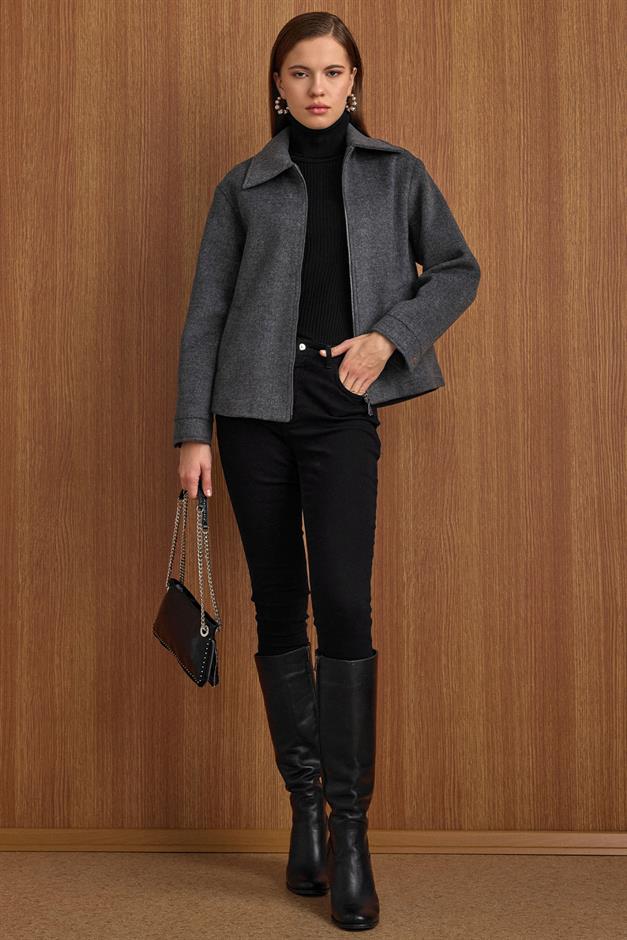 Fermuar Kapamalı Oversize Kısa Kaban KOYU GRİ 3157