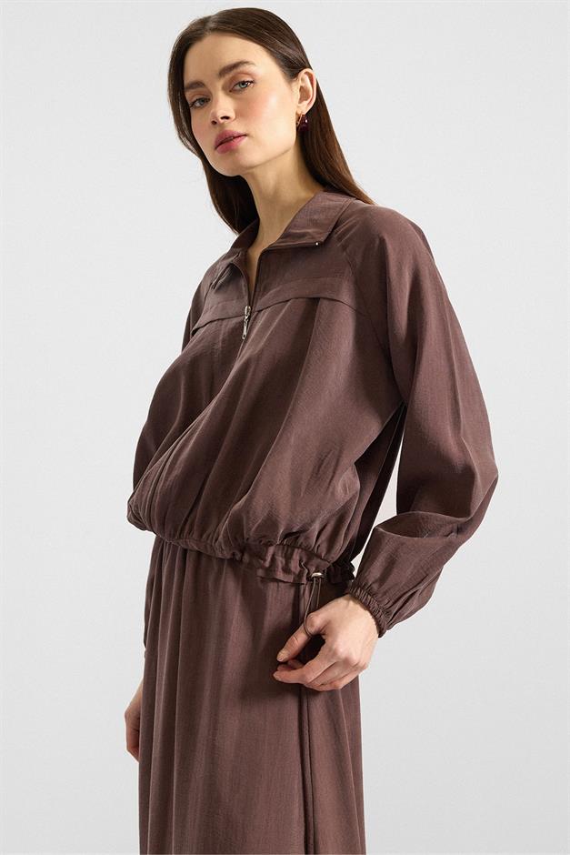 Fermuar Kapamalı Soft Kumaş Etek Ceket Takım KAHVE 9390-TK