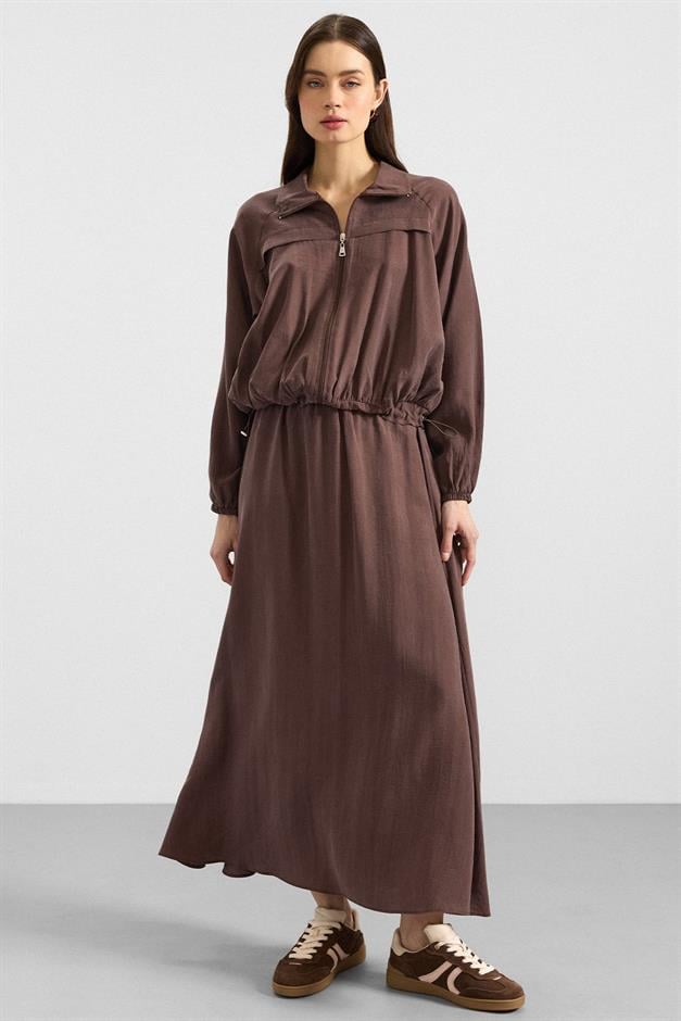 Fermuar Kapamalı Soft Kumaş Etek Ceket Takım KAHVE 9390-TK