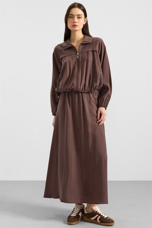 Fermuar Kapamalı Soft Kumaş Etek Ceket Takım KAHVE 9390-TK