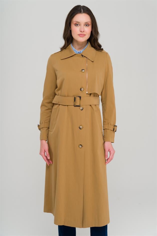 Unlined Trench Coat with Zipper and Epaulette Detail CAMEL 6697