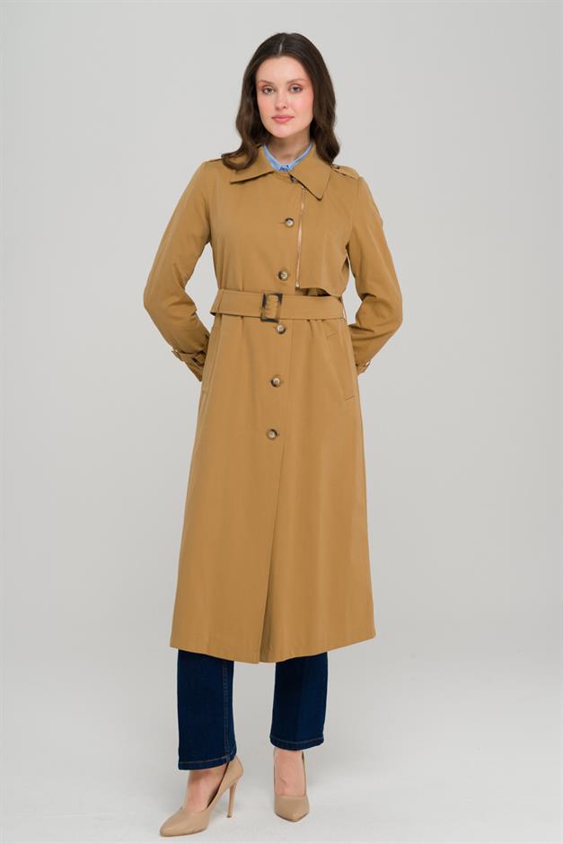 Unlined Trench Coat with Zipper and Epaulette Detail CAMEL 6697