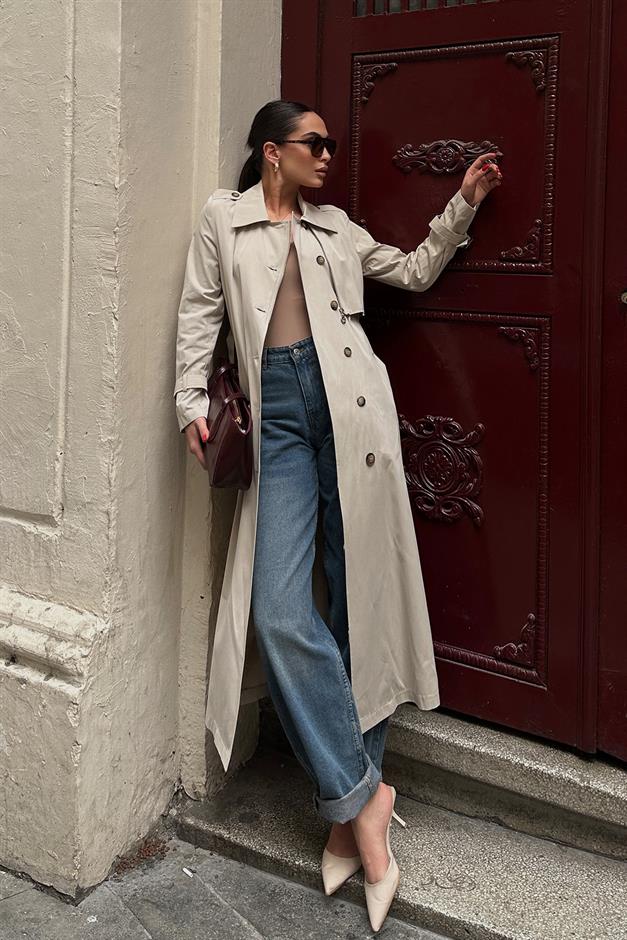 Unlined Trench Coat with Zipper and Epaulette Detail STONE 6697