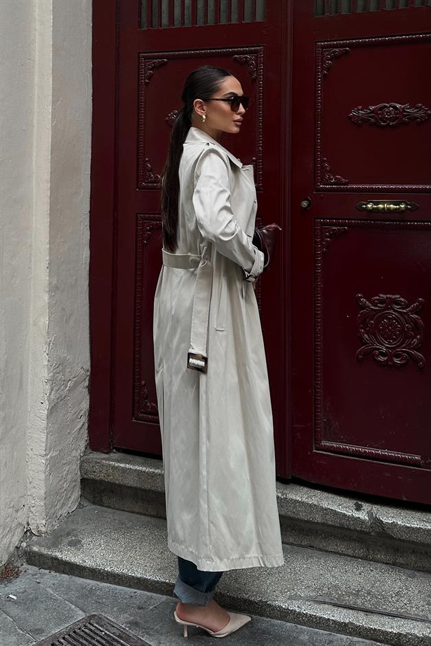 Unlined Trench Coat with Zipper and Epaulette Detail STONE 6697