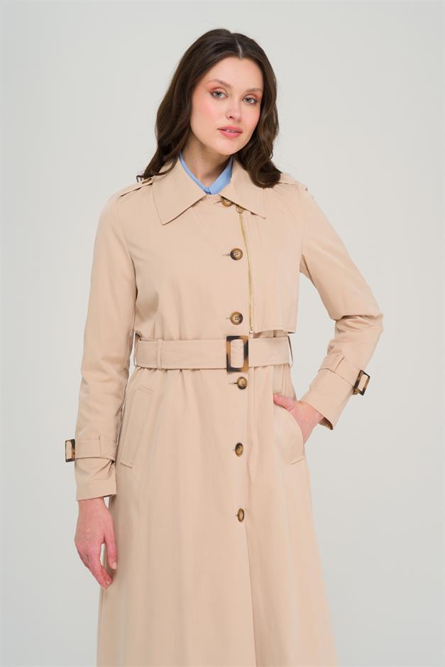 Unlined Trench Coat with Zipper and Epaulette Detail IVORY 6697