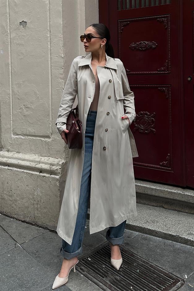 Unlined Trench Coat with Zipper and Epaulette Detail STONE 6697