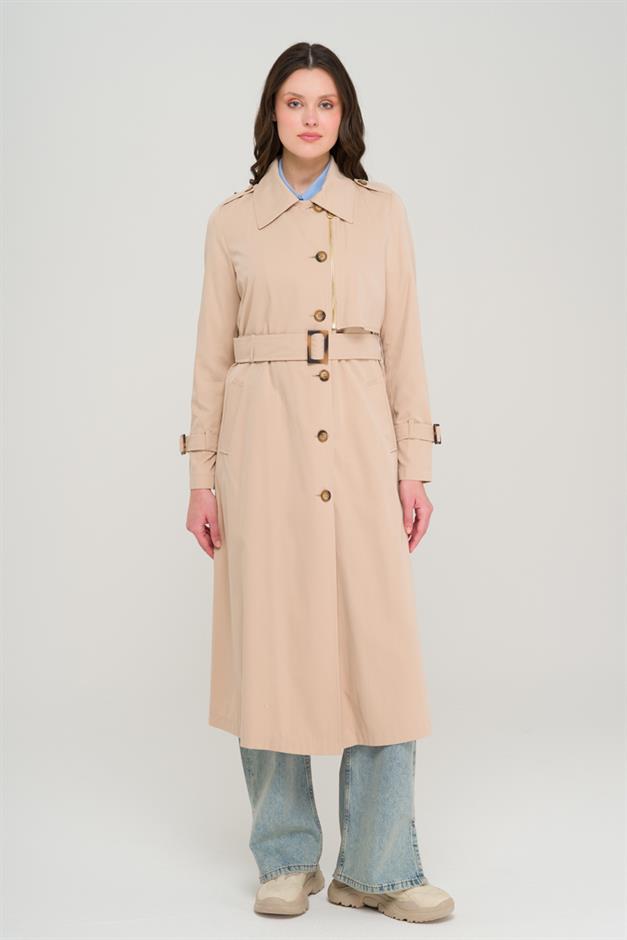 Unlined Trench Coat with Zipper and Epaulette Detail IVORY 6697