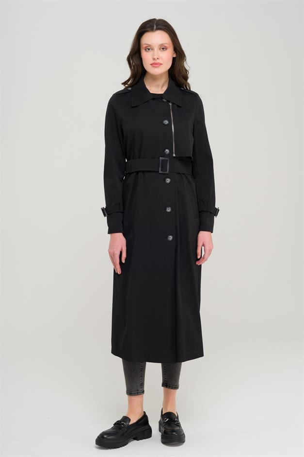 Unlined Trench Coat with Zipper and Epaulette Detail BLACK 6697