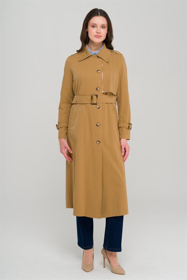 Unlined Trench Coat with Zipper and Epaulette Detail CAMEL 6697