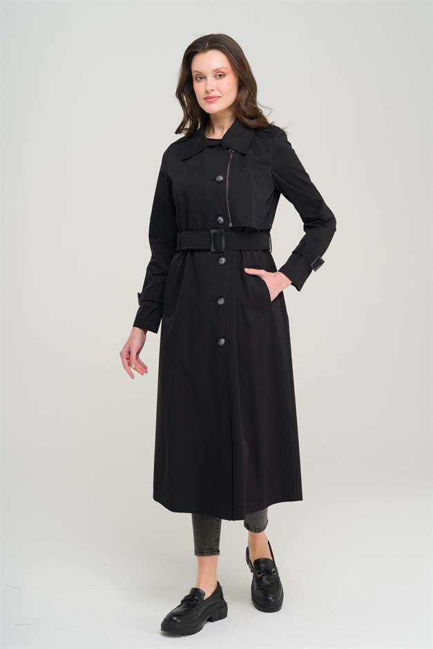 Unlined Trench Coat with Zipper and Epaulette Detail BLACK 6697