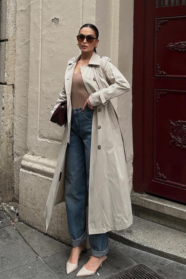 Unlined Trench Coat with Zipper and Epaulette Detail STONE 6697