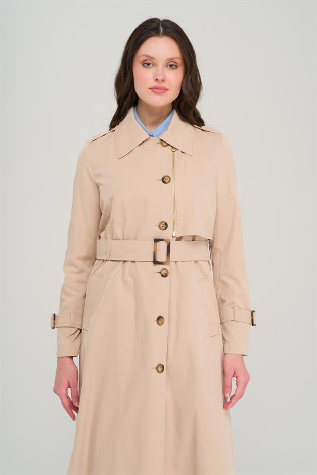 Unlined Trench Coat with Zipper and Epaulette Detail IVORY 6697