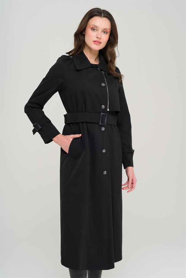 Unlined Trench Coat with Zipper and Epaulette Detail BLACK 6697