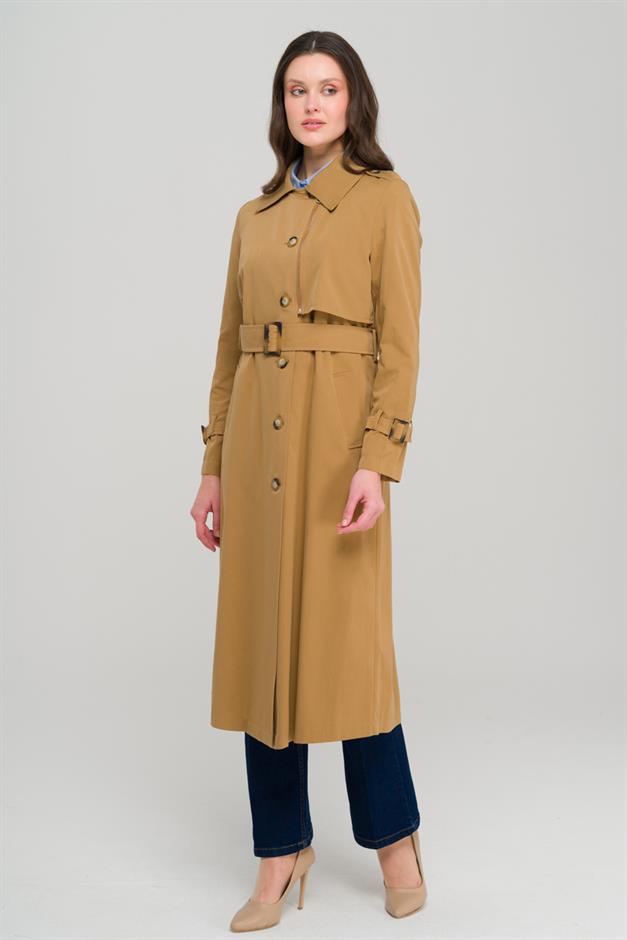 Unlined Trench Coat with Zipper and Epaulette Detail CAMEL 6697