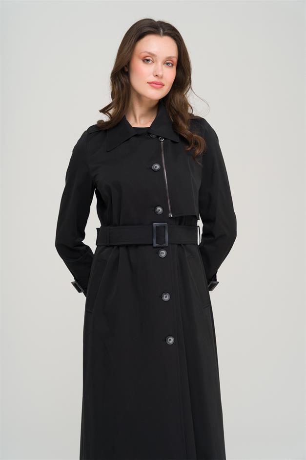 Unlined Trench Coat with Zipper and Epaulette Detail BLACK 6697