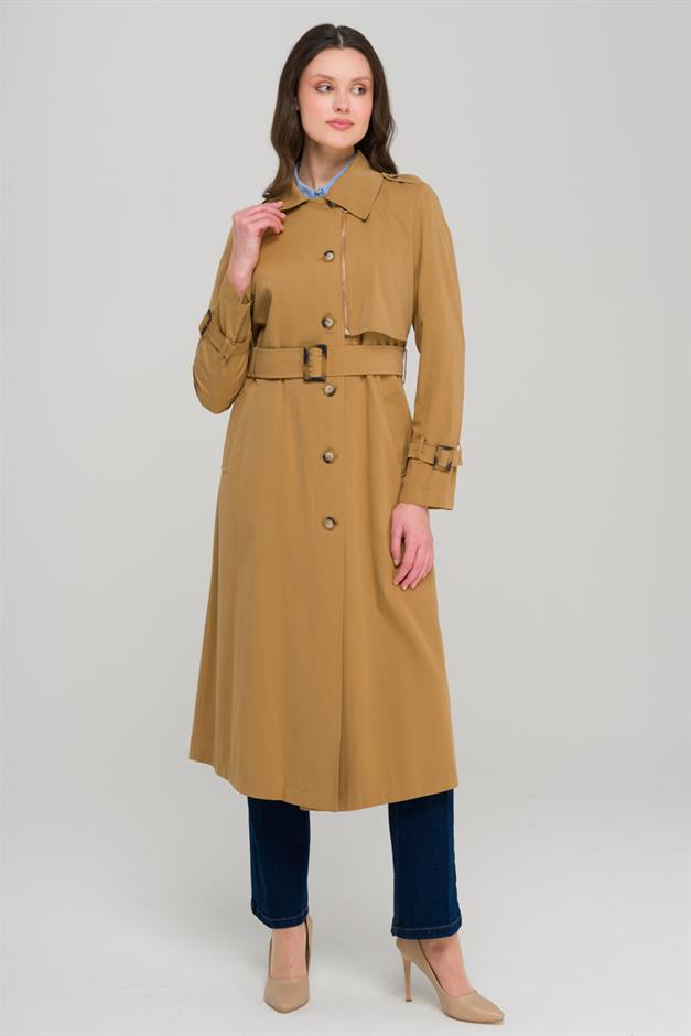 Unlined Trench Coat with Zipper and Epaulette Detail CAMEL 6697