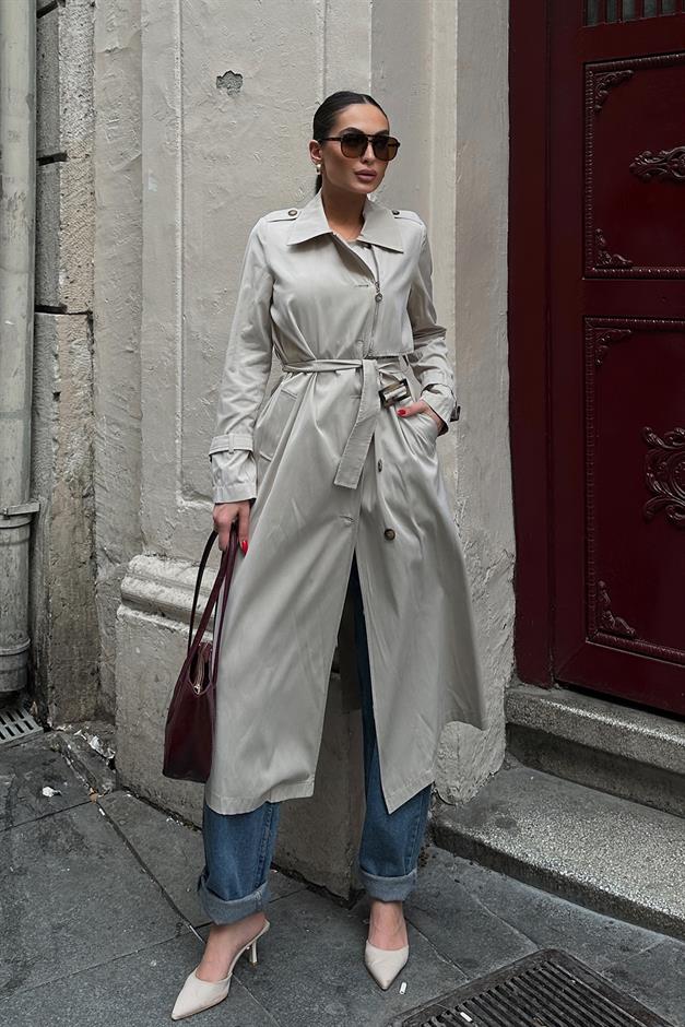 Unlined Trench Coat with Zipper and Epaulette Detail STONE 6697