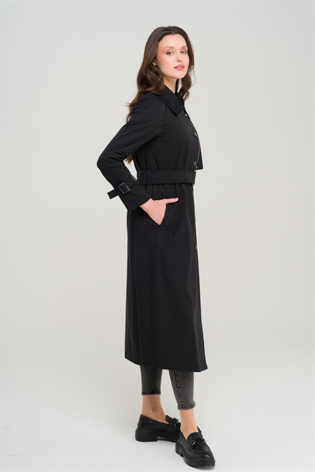 Unlined Trench Coat with Zipper and Epaulette Detail BLACK 6697