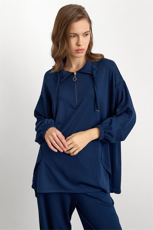 Fermuar ve Kup Detaylı Örme Sweat Takım LACİVERT 9385-TK
