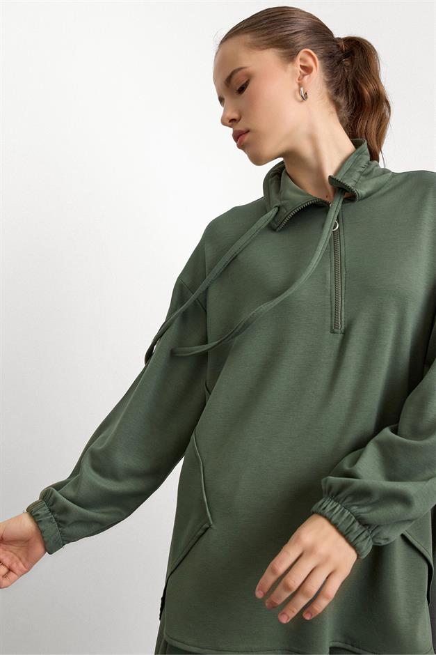 Fermuar ve Kup Detaylı Örme Sweat Takım HAKİ 9385-TK