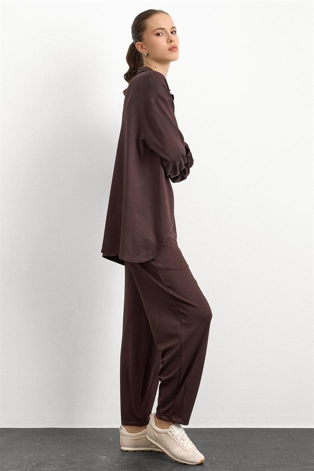 Fermuar ve Kup Detaylı Örme Sweat Takım KAHVE 9385-TK