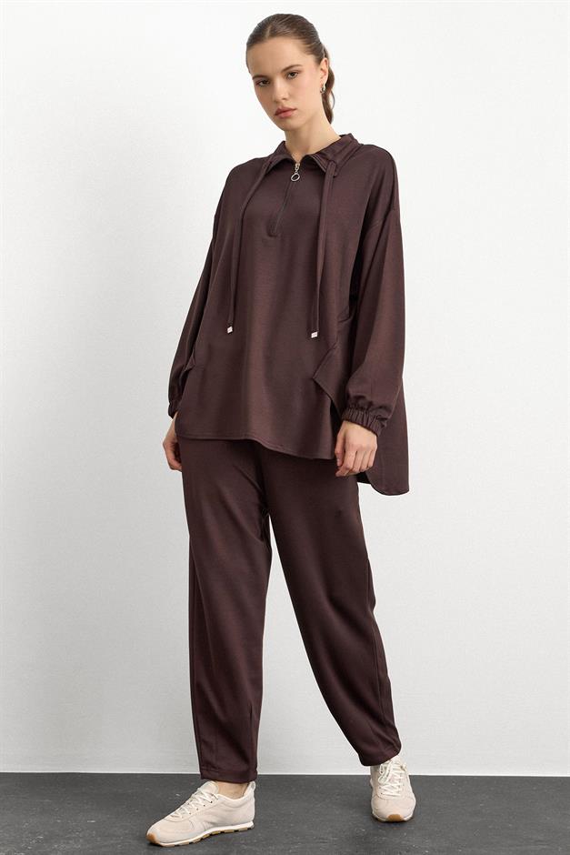 Fermuar ve Kup Detaylı Örme Sweat Takım KAHVE 9385-TK