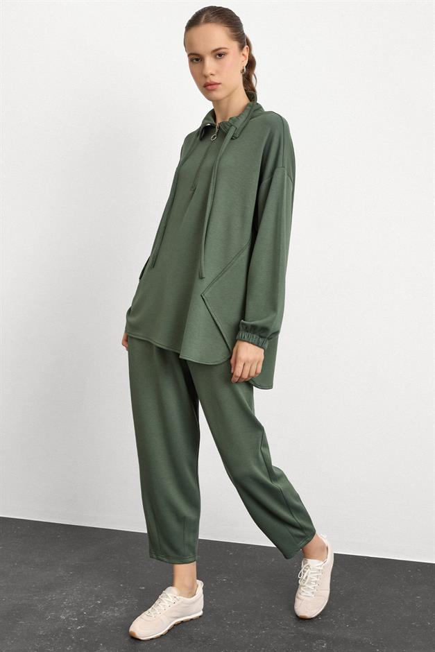 Fermuar ve Kup Detaylı Örme Sweat Takım HAKİ 9385-TK