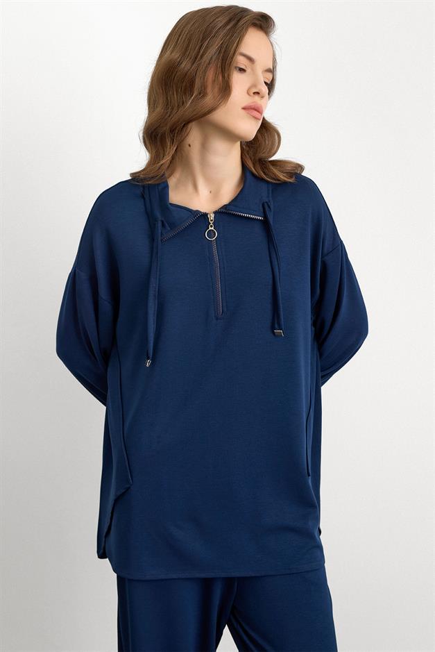 Fermuar ve Kup Detaylı Örme Sweat Takım LACİVERT 9385-TK