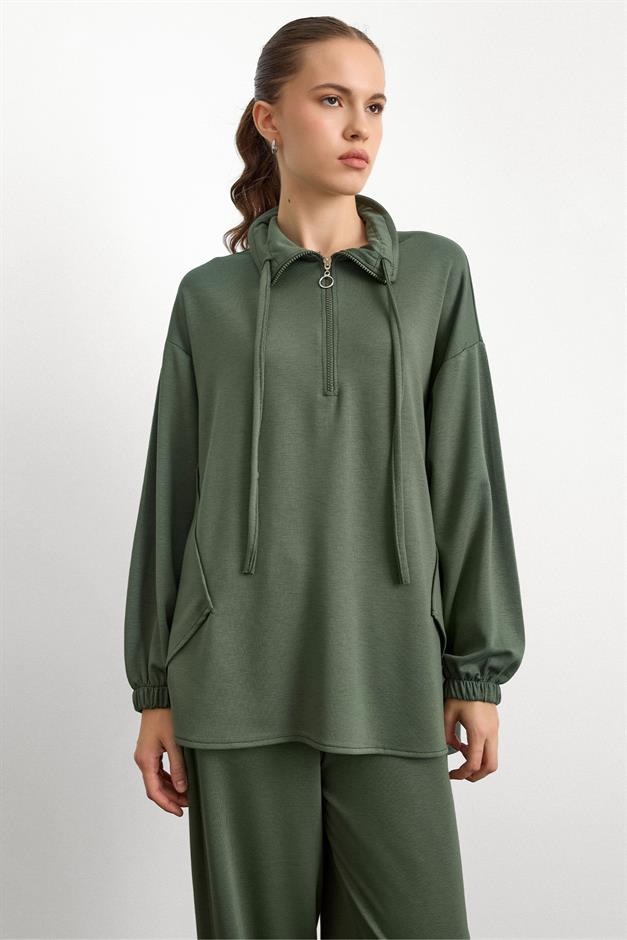 Fermuar ve Kup Detaylı Örme Sweat Takım HAKİ 9385-TK