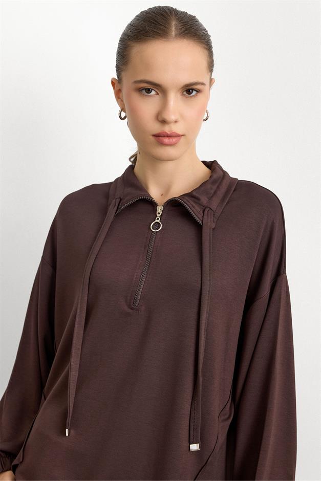 Fermuar ve Kup Detaylı Örme Sweat Takım KAHVE 9385-TK