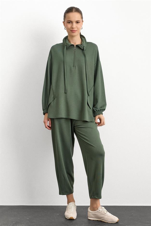 Fermuar ve Kup Detaylı Örme Sweat Takım HAKİ 9385-TK