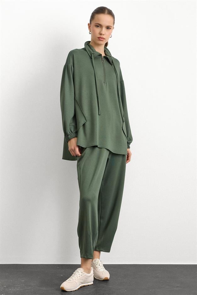 Fermuar ve Kup Detaylı Örme Sweat Takım HAKİ 9385-TK