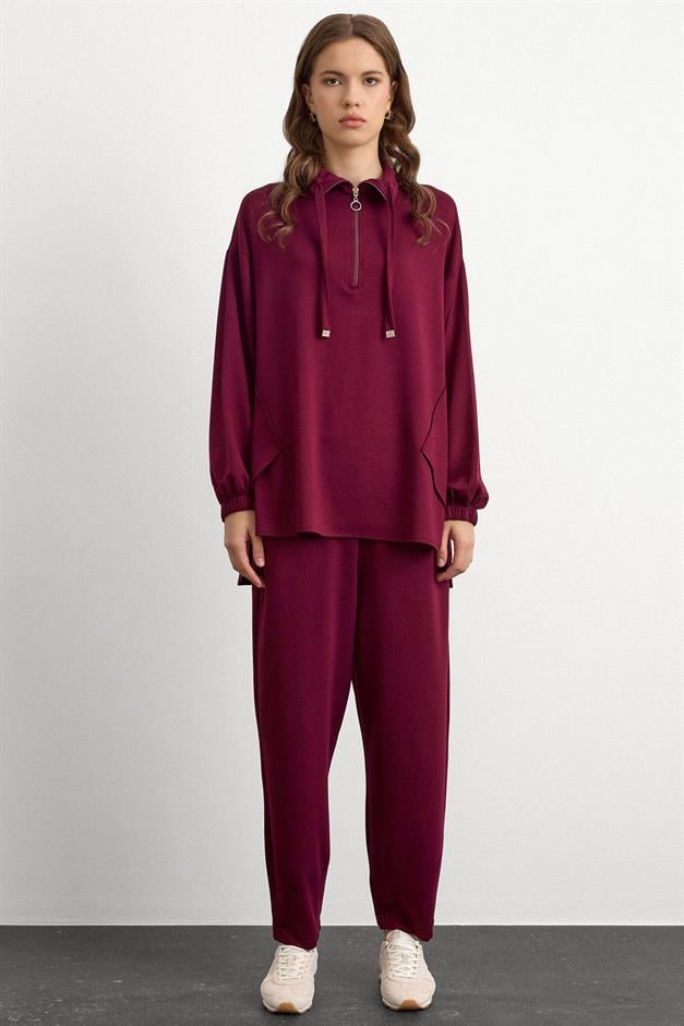 Fermuar ve Kup Detaylı Örme Sweat Takım BORDO 9385-TK