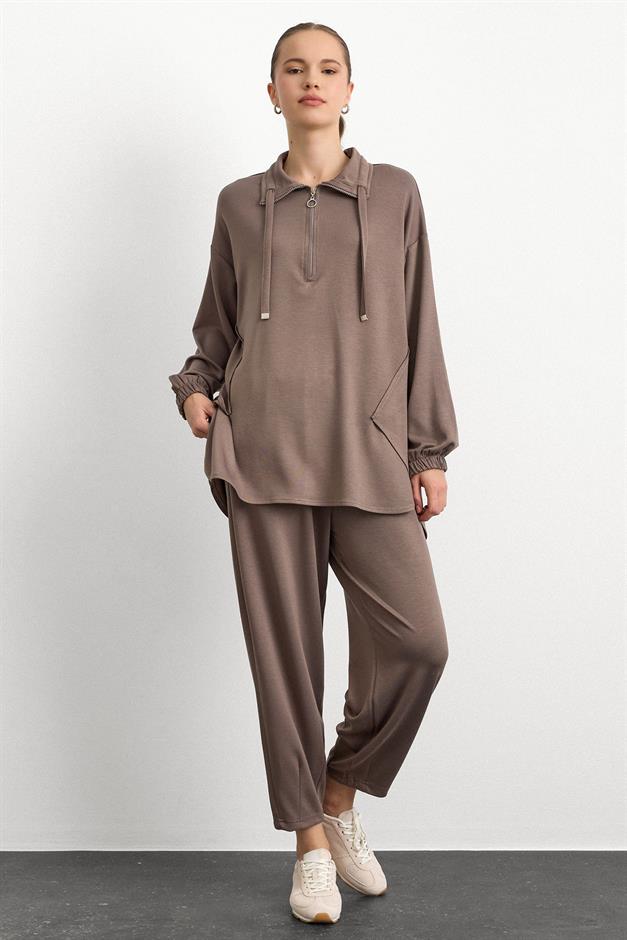 Fermuar ve Kup Detaylı Örme Sweat Takım VİZON 9385-TK