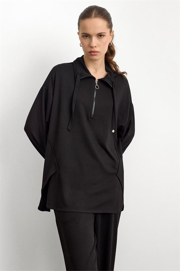 Fermuar ve Kup Detaylı Örme Sweat Takım SİYAH 9385-TK