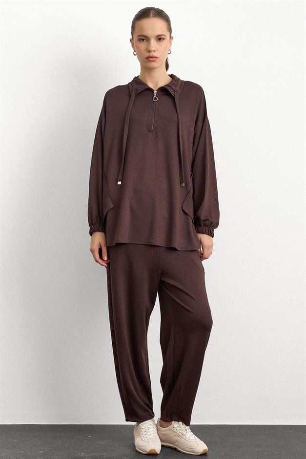 Fermuar ve Kup Detaylı Örme Sweat Takım KAHVE 9385-TK