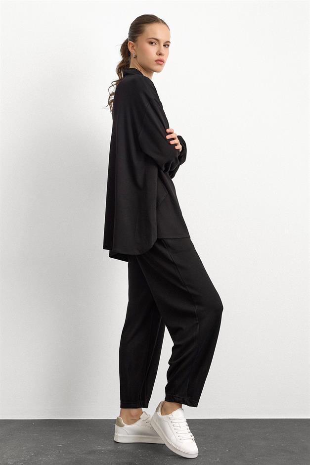 Fermuar ve Kup Detaylı Örme Sweat Takım SİYAH 9385-TK