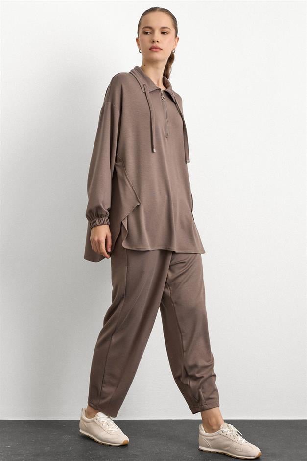 Fermuar ve Kup Detaylı Örme Sweat Takım VİZON 9385-TK