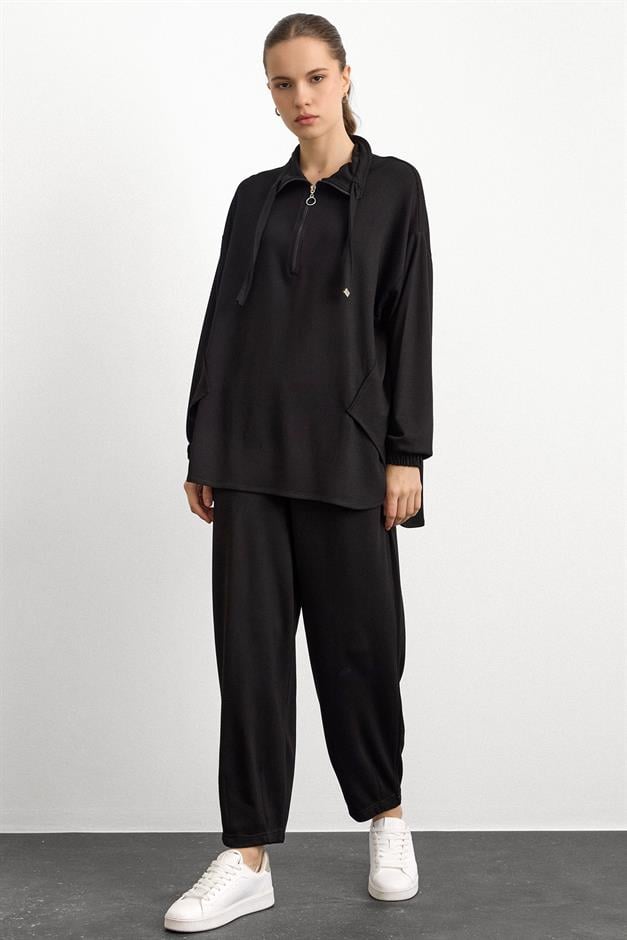 Fermuar ve Kup Detaylı Örme Sweat Takım SİYAH 9385-TK