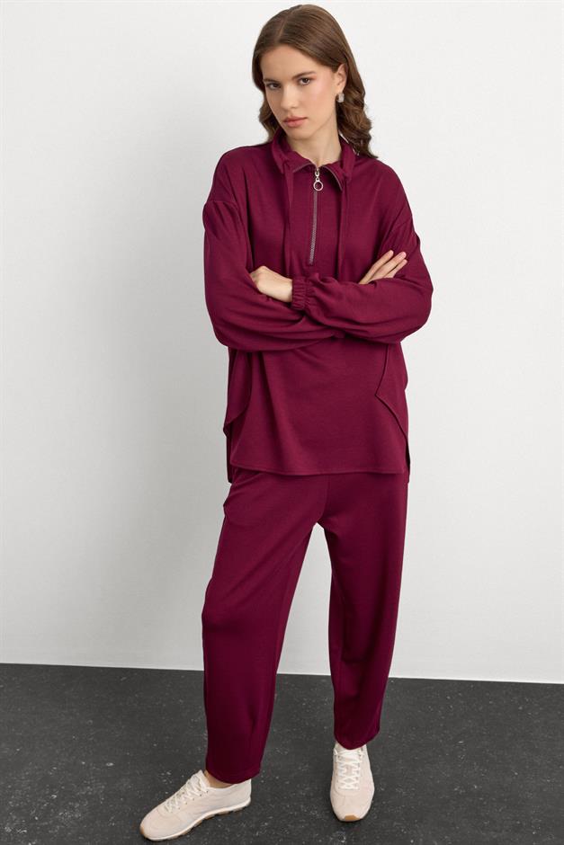 Fermuar ve Kup Detaylı Örme Sweat Takım BORDO 9385-TK