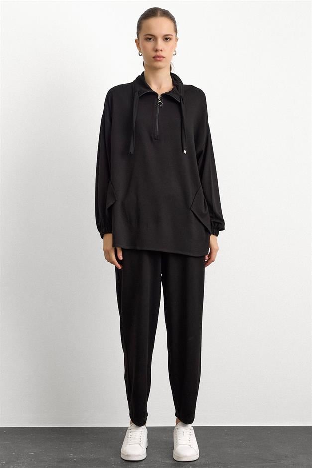 Fermuar ve Kup Detaylı Örme Sweat Takım SİYAH 9385-TK