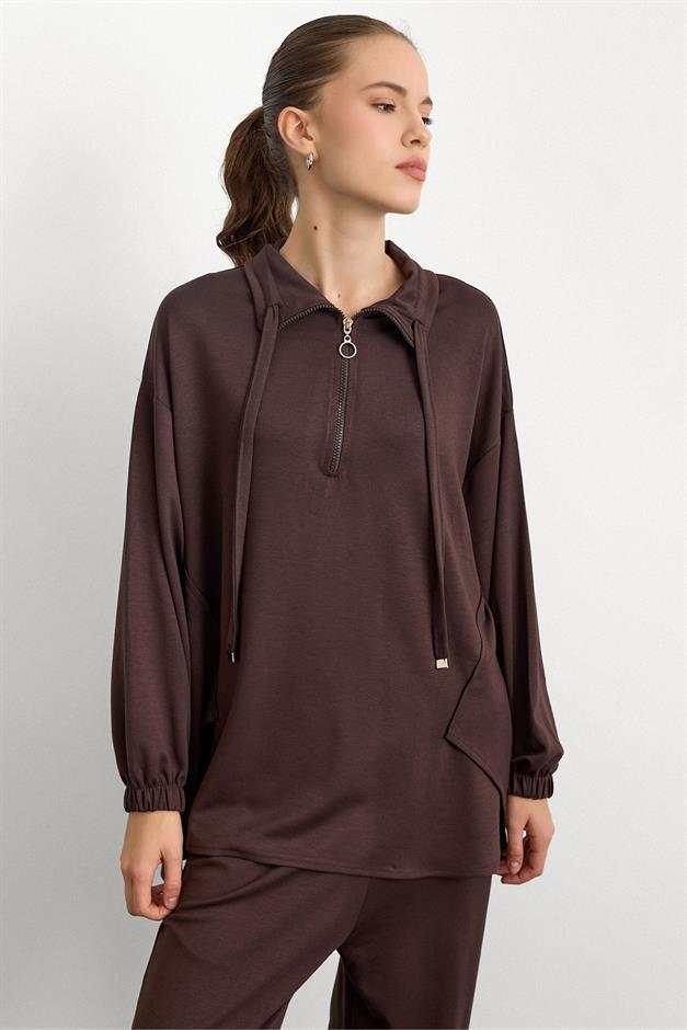 Fermuar ve Kup Detaylı Örme Sweat Takım KAHVE 9385-TK