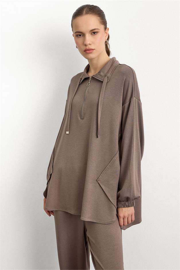 Fermuar ve Kup Detaylı Örme Sweat Takım VİZON 9385-TK