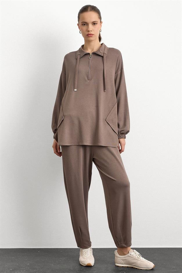 Fermuar ve Kup Detaylı Örme Sweat Takım VİZON 9385-TK