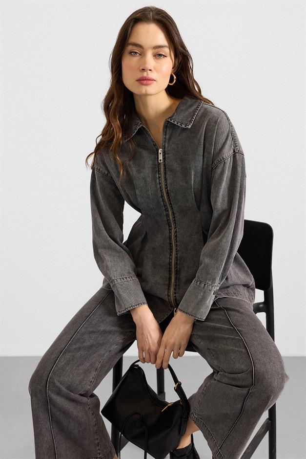 Fermuar ve Pens Detaylı Ceket Pantolon Denim İkili Takım GRİ 9396-TK